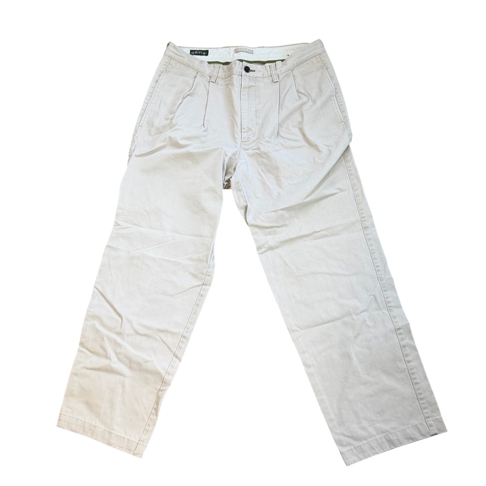 Orvis Men's Khaki Pleated Chino Pants Size 35 Cotton Khaki Tan Pockets